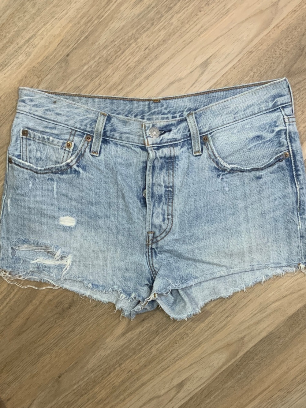Levi's 501 Light Blue Distressed Denim Cutoff Shorts
